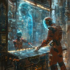 Futuristic engineers in high-tech suits working with holographic interface in advanced technology lab full of digital equipment.