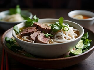 Steaming bowl of pho with rice noodles, beef slices, and fresh herbs, aromatic and flavorful, genrative AI