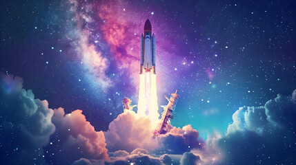 Concept of business product on a market. Spaceship takes off in the starry sky. Rocket space ship.Elements of this image furnished,Space Shuttle Launch.Deep space. Beauty of endless universe
