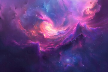 A majestic nebula swirling with vibrant hues of purple, pink, and blue.