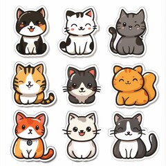 Cute cartoon stickers of nine different cats with various colors and expressions, perfect for decoration and design projects.