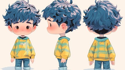 Cute illustrated boy character design with blue hair in different angles, wearing a yellow striped hoodie.