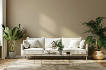 Modern living room interior with white couch, beige walls and potted plant for home decor and lifestyle design inspiration