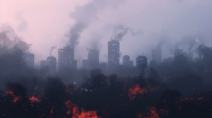 Dark cityscape with towering skyscrapers engulfed in smoke and haze, foreground of blazing fires and environmental devastation.