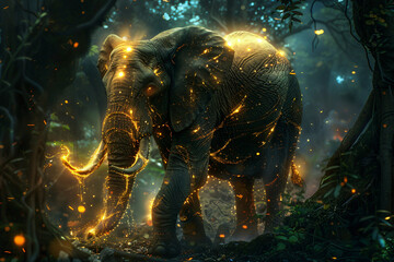 A glowing elephant is walking through a forest