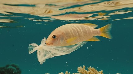 Fish swimming underwater near a floating plastic bag. Marine pollution and ocean conservation concept of environmental impact on wildlife.