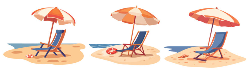 Vacation and travel concept. Beach umbrella and beach chair on sea coast
