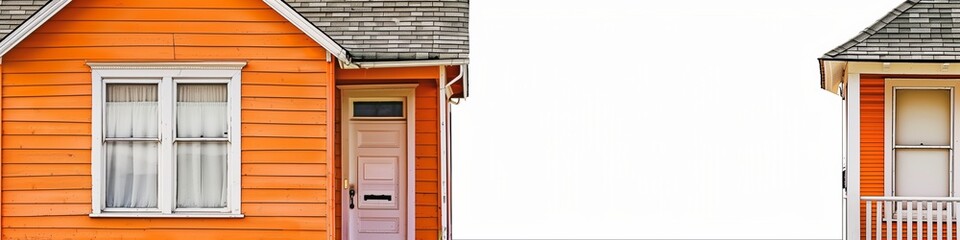 Quaint orange bungalow on the left, plain white background on the right for text, suburban setting