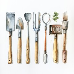 Illustration of various gardening tools with wooden handles arranged in a row against a white background. Perfect for gardening content.