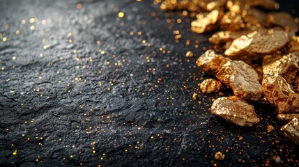 Gold nuggets on a table, dark background, room for text
