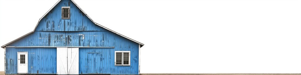 Rustic blue barn house on the left, plain white backdrop for text on the right, rural setting