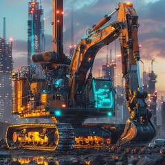 Industrial excavator with cityscape background at sunset, highlighting construction technology and urban development in futuristic setting.