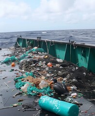 Ocean pollution with plastic waste and debris on a boat, emphasizing the environmental impact of human activity on marine life.