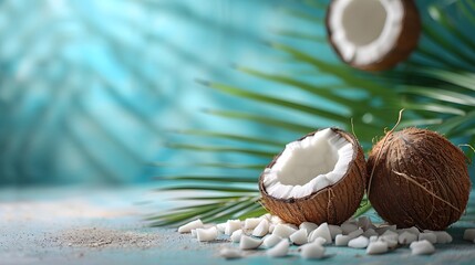 Creative background with coconut fruit and palm tree on pastel blue background