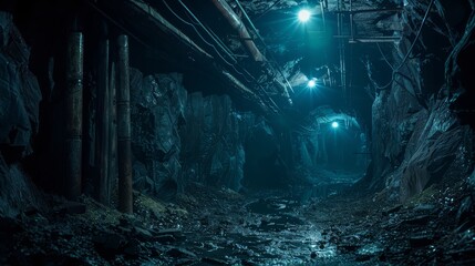 Underground mine shaft with glowing lights, ample text space, dramatic lighting