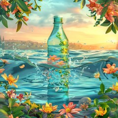 Plastic bottle in serene water surrounded by vibrant flowers and foliage during a sunset, capturing nature and tranquility.