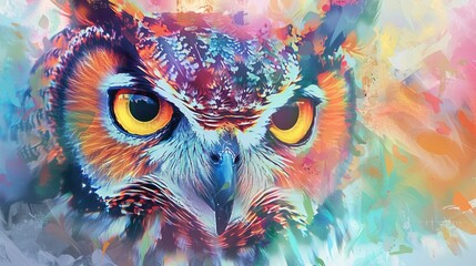 Naklejka premium Abstract animal Owl portrait with colorful double exposure paint