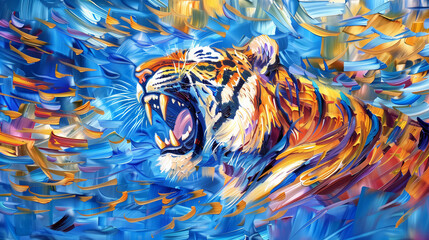 Horizontal oil painting of a Tiger roaring