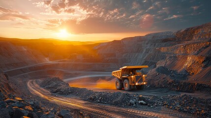 Mining site at sunrise with heavy machinery, ample copy space, soft lighting