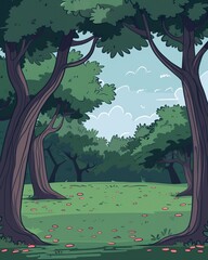 Scenic illustration of a lush green forest clearing with tall trees under a blue sky, perfect for nature and outdoor themes.