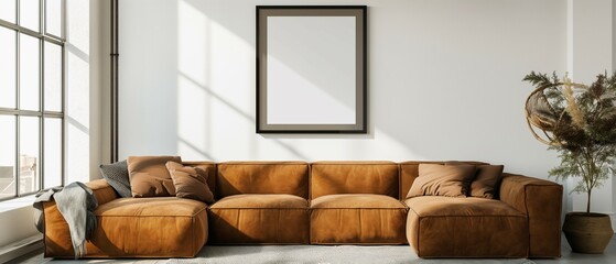 Frame mockup, modern home living room interior with dark brown sofa