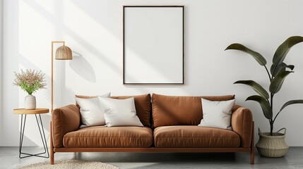 Frame mockup, modern home living room interior with dark brown sofa