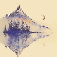 Serene watercolor painting of a mountain with pine trees and a crescent moon, reflected beautifully in a calm lake.