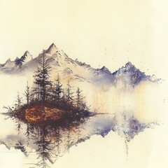 Obraz premium Serene watercolor painting of a mountain landscape with a lake reflection, featuring pine trees and misty peaks on a tranquil island.