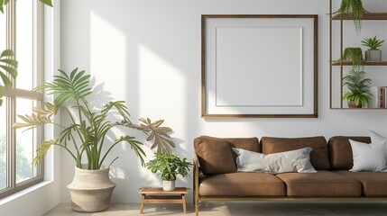 Frame mockup, modern home living room interior with dark brown sofa