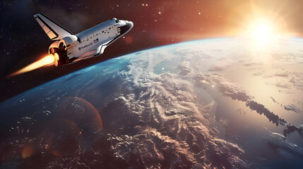 Fototapeta premium Spaceship lift off. Glowing space shuttle with smoke and blast takes off into the starry sky. Rocket starts into space,The flight of a spacecraft into space beyond the Earth's orbit 