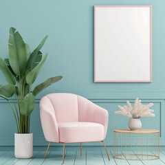 Frame mockup, light pink chair and blue wall background, modern home living room interior