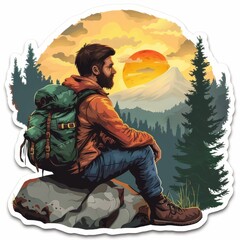 Hiker with backpack sitting on rock admiring sunset over mountains, surrounded by pine trees.