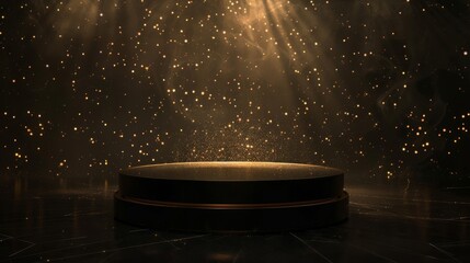An empty stage aglow with golden sparkles anticipates the star arrival