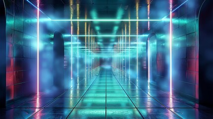 3d rendering blue green neon abstract geometric pattern scene. Generative AI.