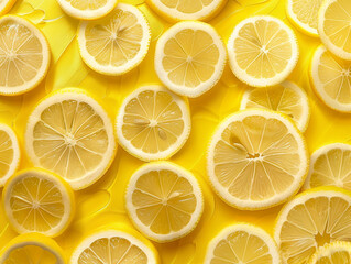 a lot of lemon slices over yellow background, harsh lighting - ai