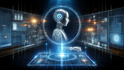 Fototapeta premium AI operating a futuristic holographic data panel