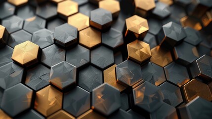 Abstract futuristic luxurious digital geometric technology hexagon background banner illustration 3d - Glowing gold, brown, gray and black hexagonal 3d shape texture wall