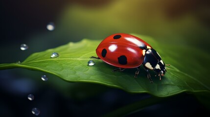 Eyecatching portrayal of a ladybug on a dewy leaf, highlighting its vibrant red color against a clean background.
