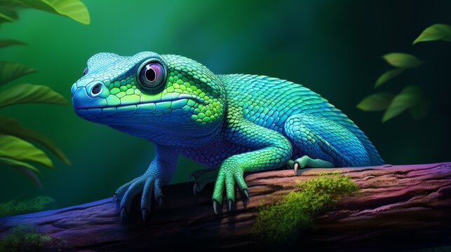 Colorful artwork of a green tree python coiled around a branch, with shimmering scales in a clean, bright setting.