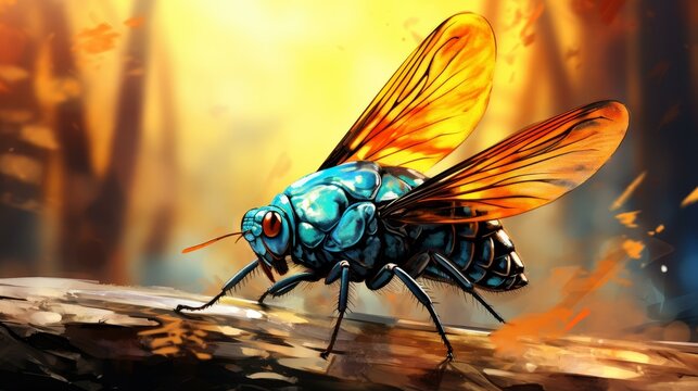 Detailed illustration of a cicada emerging from its shell with vibrant colors and textures against a clean background.