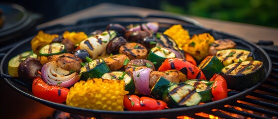 Delicious grilled vegetables and meats sizzling on a backyard barbecue