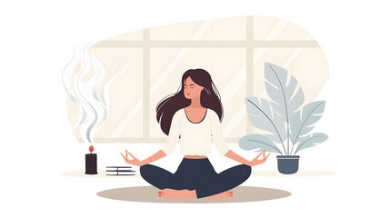 Woman meditating in nature and leaves. Concept illustration for yoga, meditation, relax, recreation, healthy lifestyle. Vector illustration in flat cartoon style