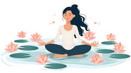 Woman meditating in nature and leaves. Concept illustration for yoga, meditation, relax, recreation, healthy lifestyle. Vector illustration in flat cartoon style