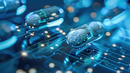 Close up image of futuristic smart pills with embedded microchips for targeted therapy.