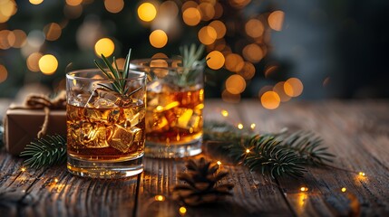 Close-up of two whiskey glasses toasting, adorned with sprigs of rosemary and festive ribbons, warm lighting and blurred Christmas tree in the background, cozy and sophisticated.