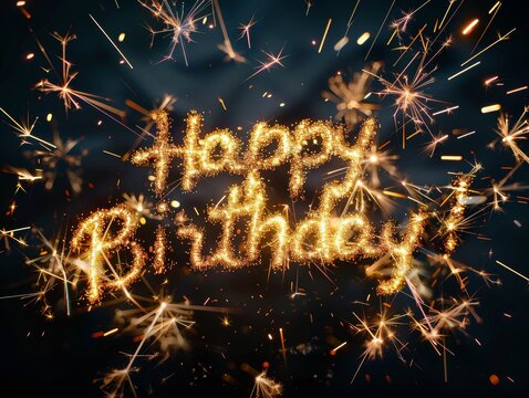 Text "Happy Birthday!" in sparklers on black background. Generative AI. - Powered by Adobe