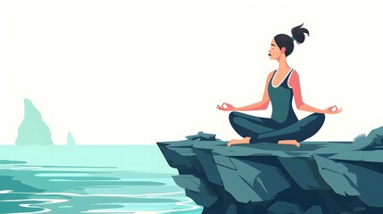Woman meditating in nature and leaves. Concept illustration for yoga, meditation, relax, recreation, healthy lifestyle. Vector illustration in flat cartoon style