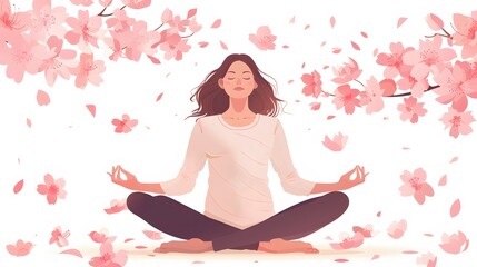 Woman meditating in nature and leaves. Concept illustration for yoga, meditation, relax, recreation, healthy lifestyle. Vector illustration in flat cartoon style