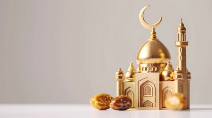 Obraz premium gold mosque and crescent on white background, islamic background with copyspace 