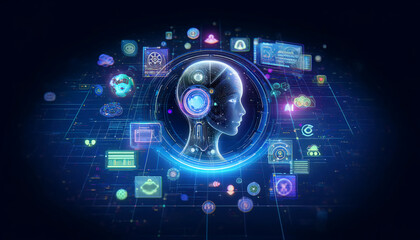 Obraz premium AI Operating Futuristic Interface with Holographic Screens and Icons